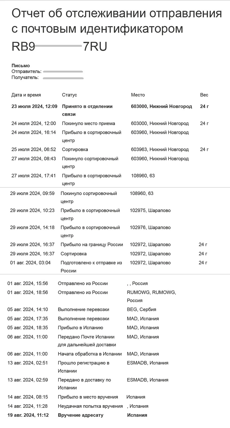 письмо из россии в европу